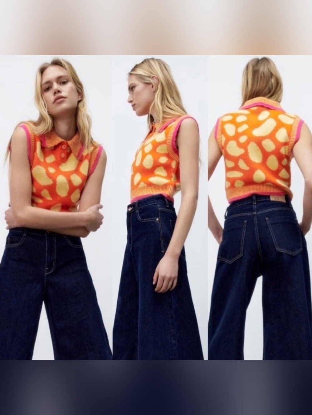 ZARA Sz L Jaquard Orange Yellow Knit Collared Crop Vest Blogger Favorite Preppy